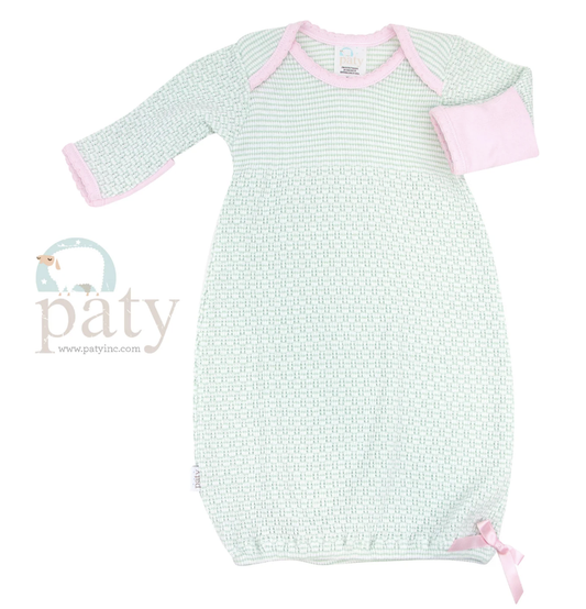 Paty Solid Color Knit LS Lap Shoulder Gown w/ Cotton Trim Mint w/Pink Trim