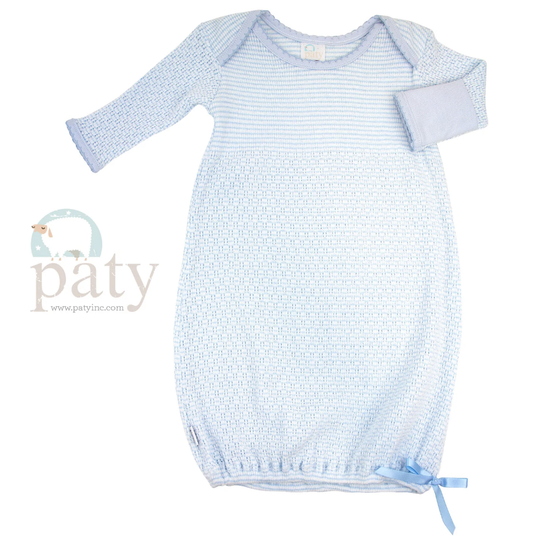 Paty Solid Color Knit LS Lap Shoulder Gown w/ Cotton Trim Blue