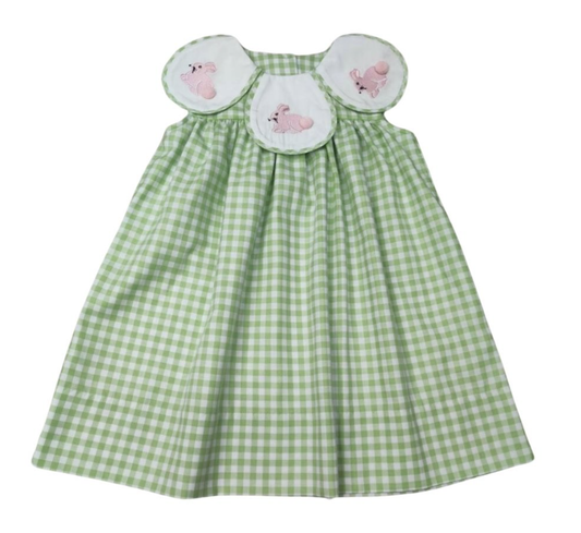 Girls Spring Green Check SS Bunny Petal Collar Float Dress
