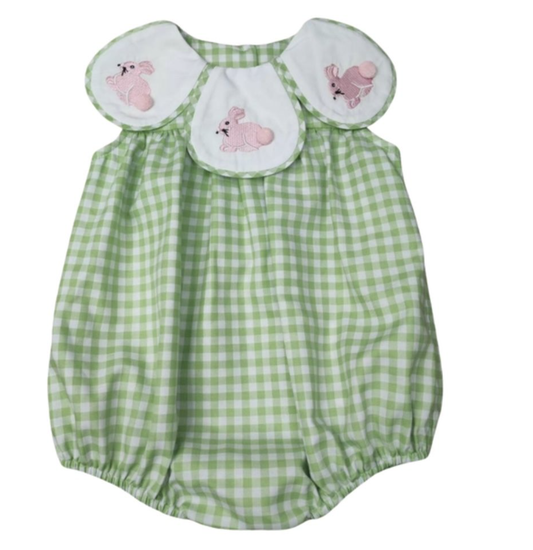 Girls Spring Green Check SS Bunny Petal Collar Short Bubble