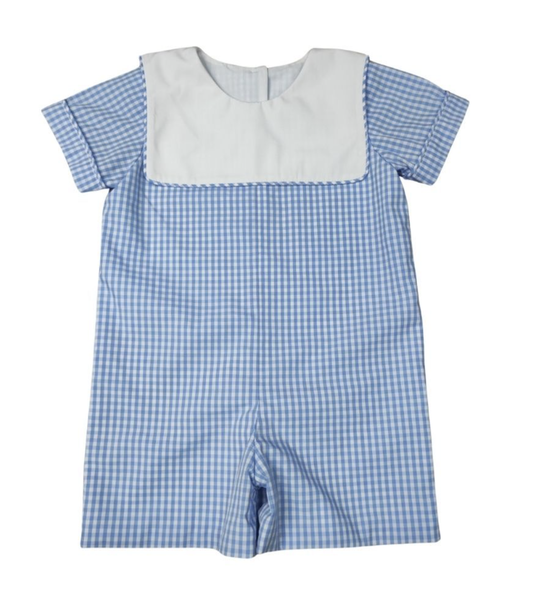 Boys Blue Check Short Basic Romper White Square Collar