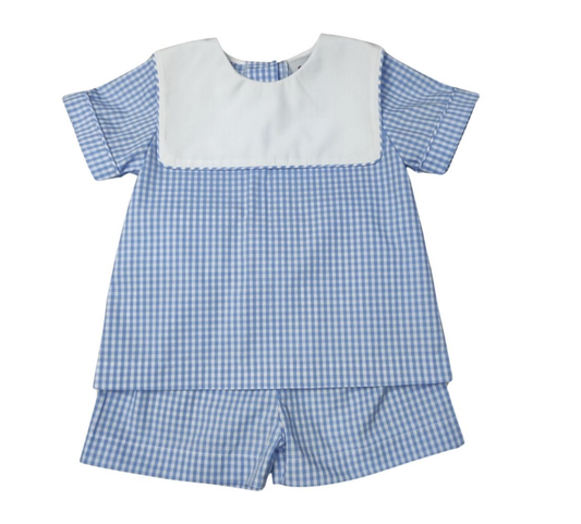 Boys Blue Check Shorts W/White Square Collar Shirt