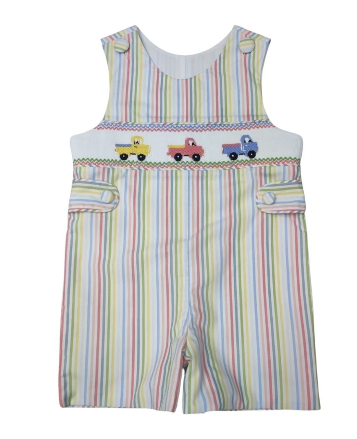 Boys Red Yellow Blue Stripe Smocked Trucks JonJon
