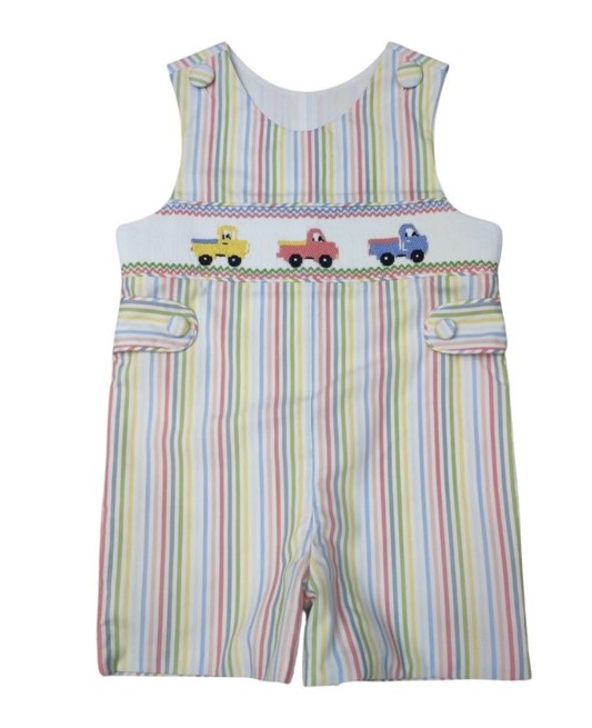 Boys Red Yellow Blue Stripe Smocked Trucks JonJon