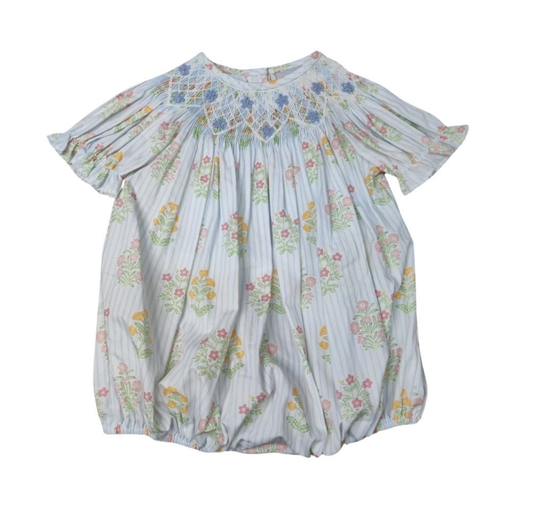 Girls Blue Stripe Floral Fabric SS Bishop Bubble