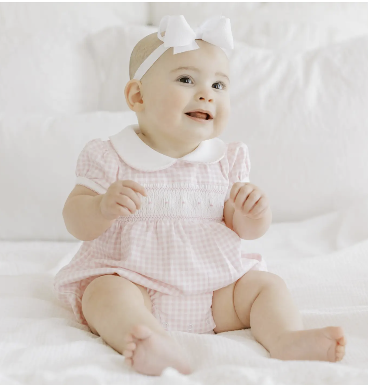 MB Mini Checks Smocked Collared S/S Girl Bubble - Pink