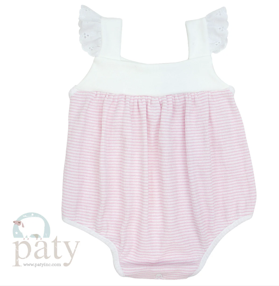 Paty Rib Knit Girls Sunsuit with Eyelet Trim Pink