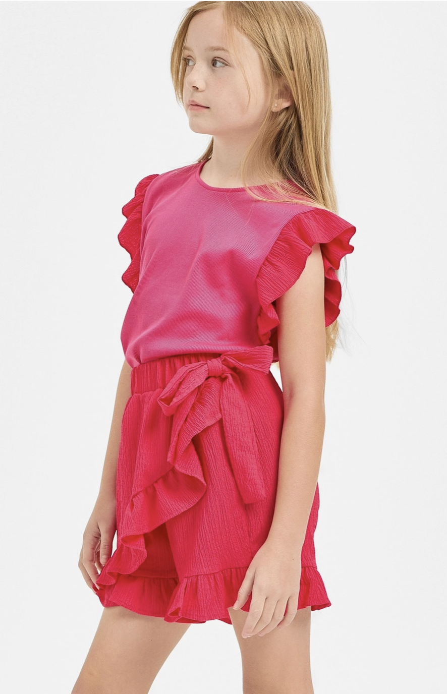 Cherry Pink Ruffle Ribbed Top/Ribbon Tie Ruffle Skort