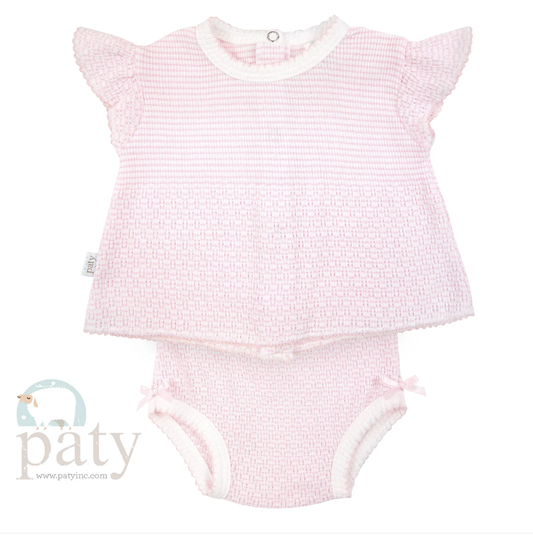 Paty Knit Pink 2 PC Flutter Sleeve Diaper Set with Bows