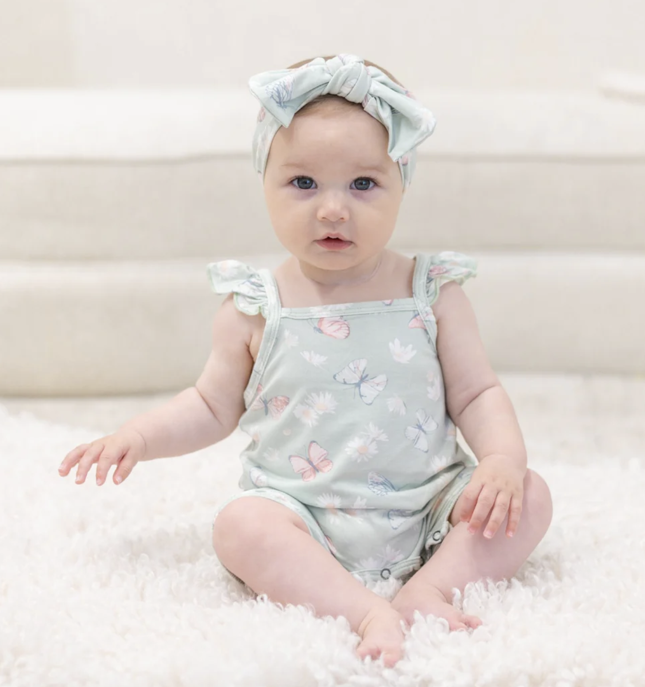 Mint Butterfly Daisy Bamboo Flutter Sleeve Romper