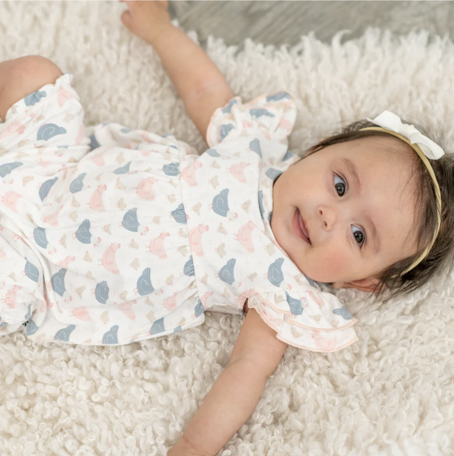 Pink Farm Hens Bamboo Ruffle Romper
