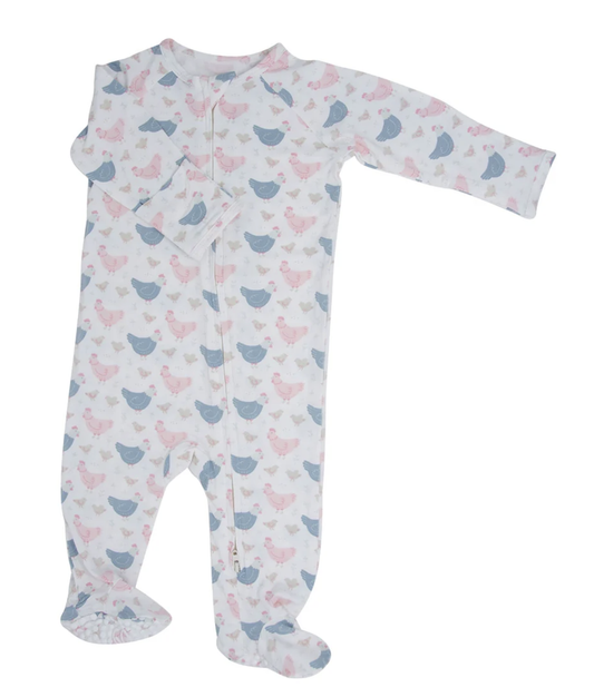 Pink Farm Hens Bamboo Zipper Footie