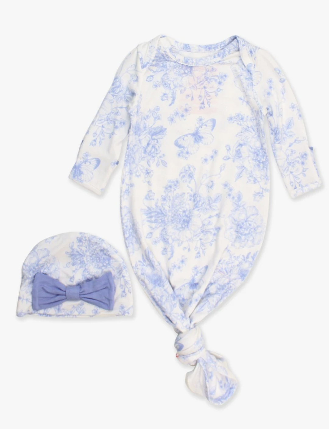 Periwinkle Blue Butterfly Garden Toile Ruffle Knotted Sleep Gown & Hat Set