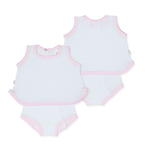 Paty Knit 2pc Sleeveless Diaper Set W/Bow Blue w/Pink Trim