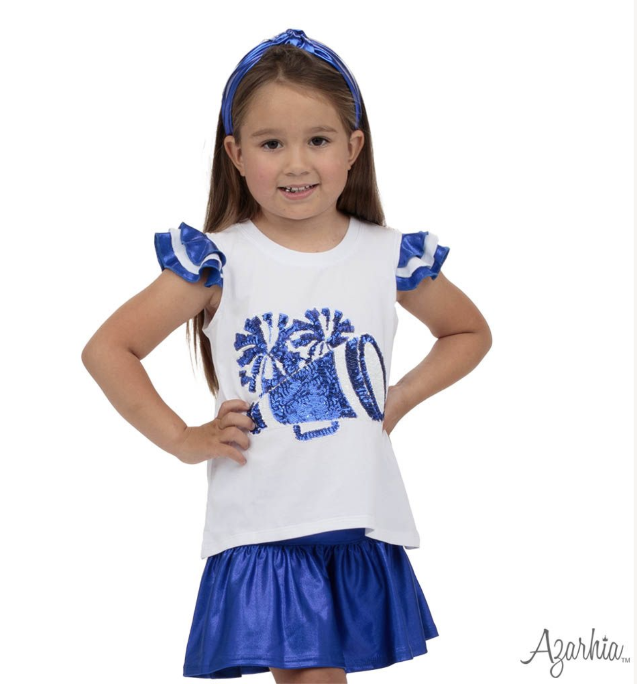 Shimmer Ruffle Sleeve Sequin Cheer in Royal Game Day