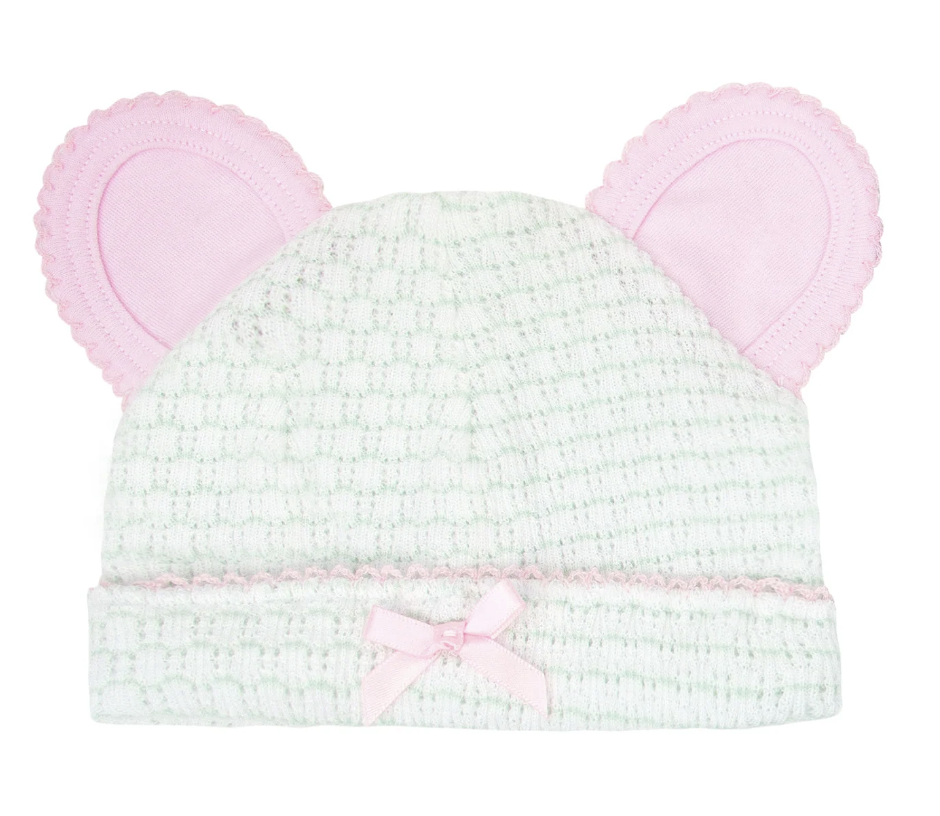 Paty Knit Bear Beanie Pima Binding Pinstripe Mint w/Pink