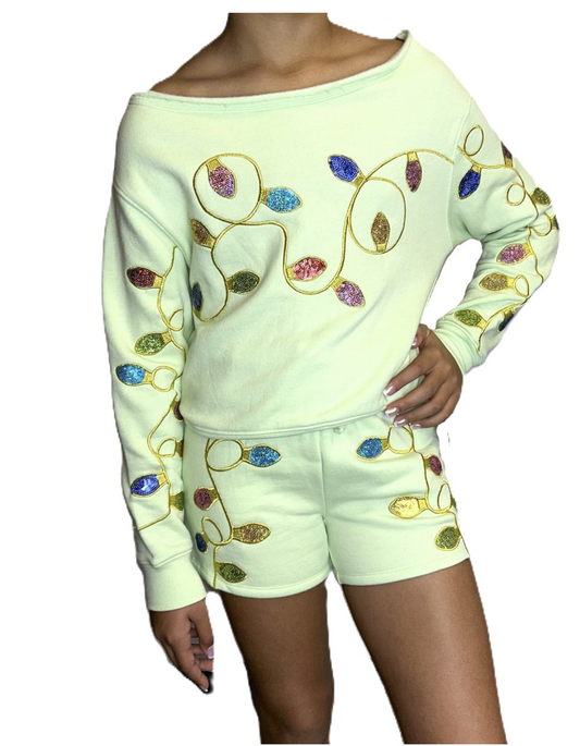Paper Flower Sequins Christmas Lights Sweatshirt Set