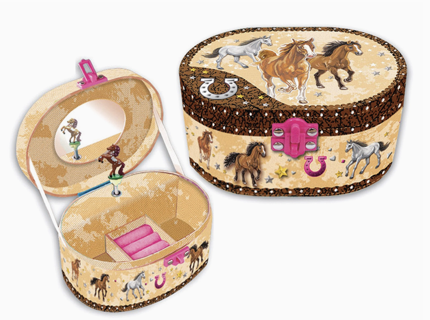 Oval Shaped Musical Jewelry Box, Dashing Horse