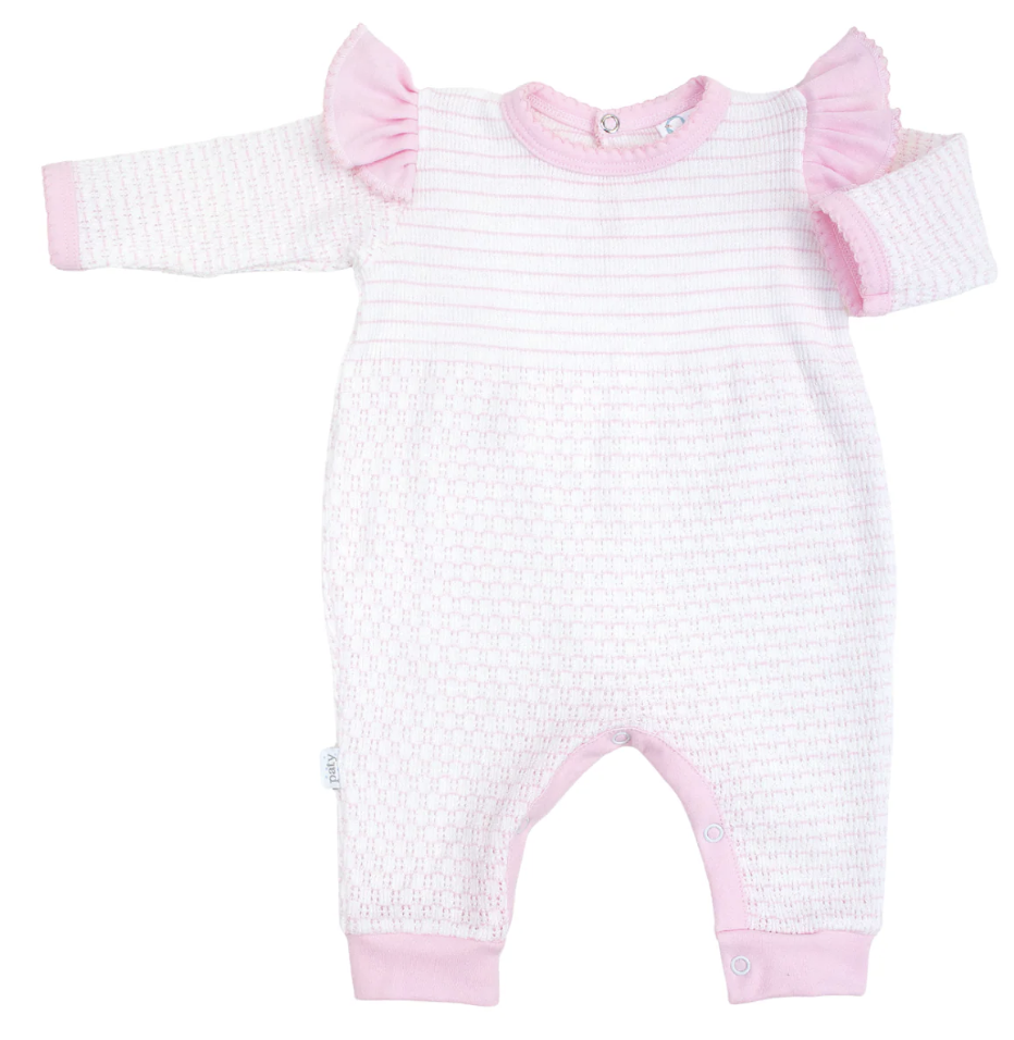 Paty Knit Angel Sleeve Romper w/Pima Trim Pink w/Pink Trim