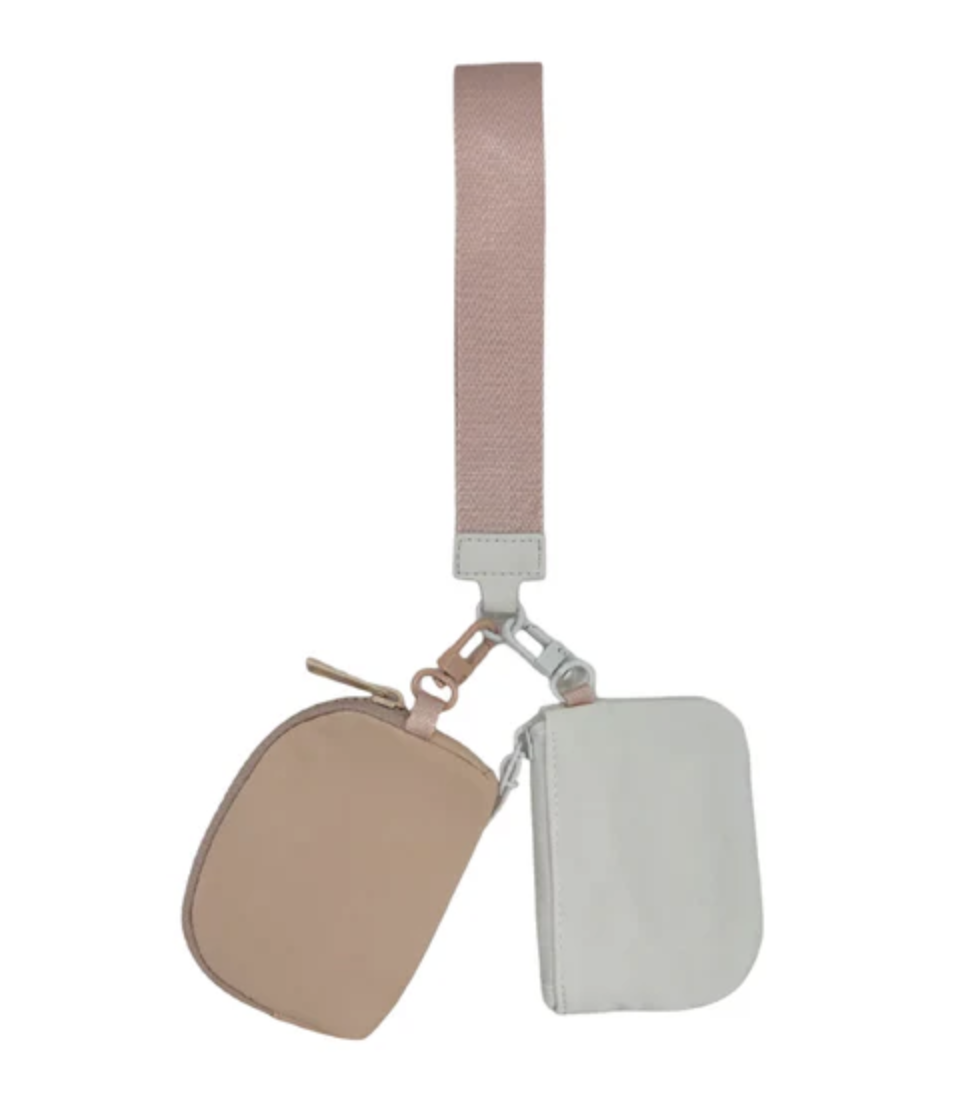 Wristlet Keychain Double Pouch Pink/White