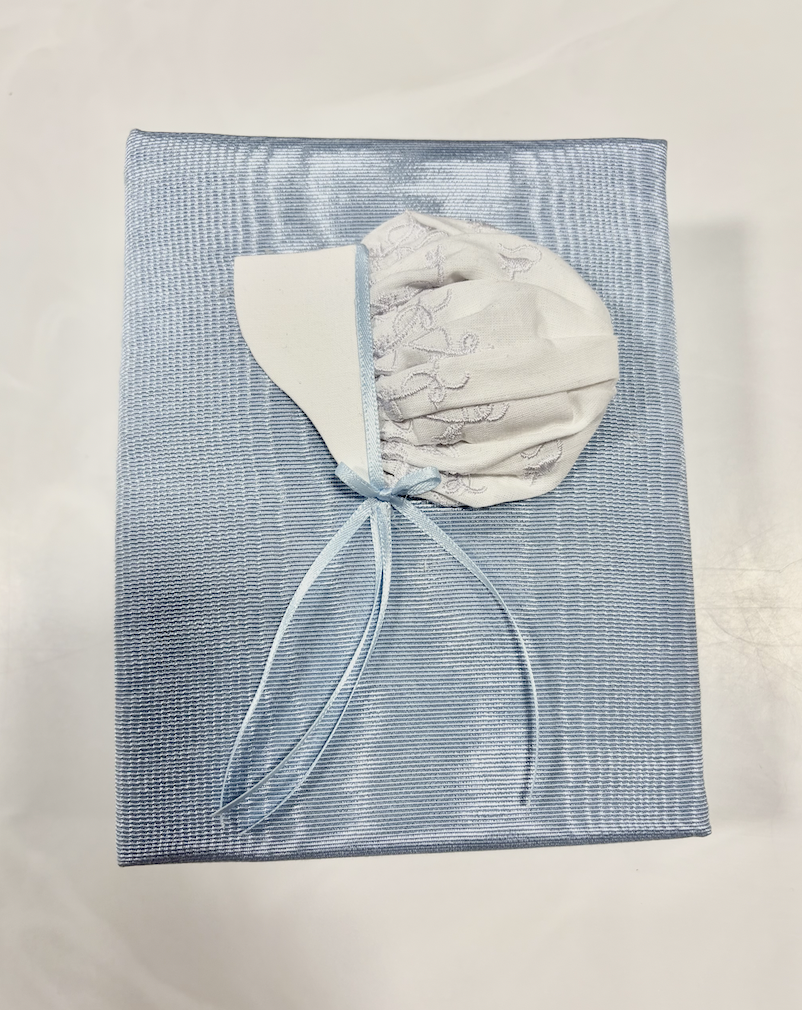 Small Photo Album with Swiss Batiste Baby Boy Bonnet
