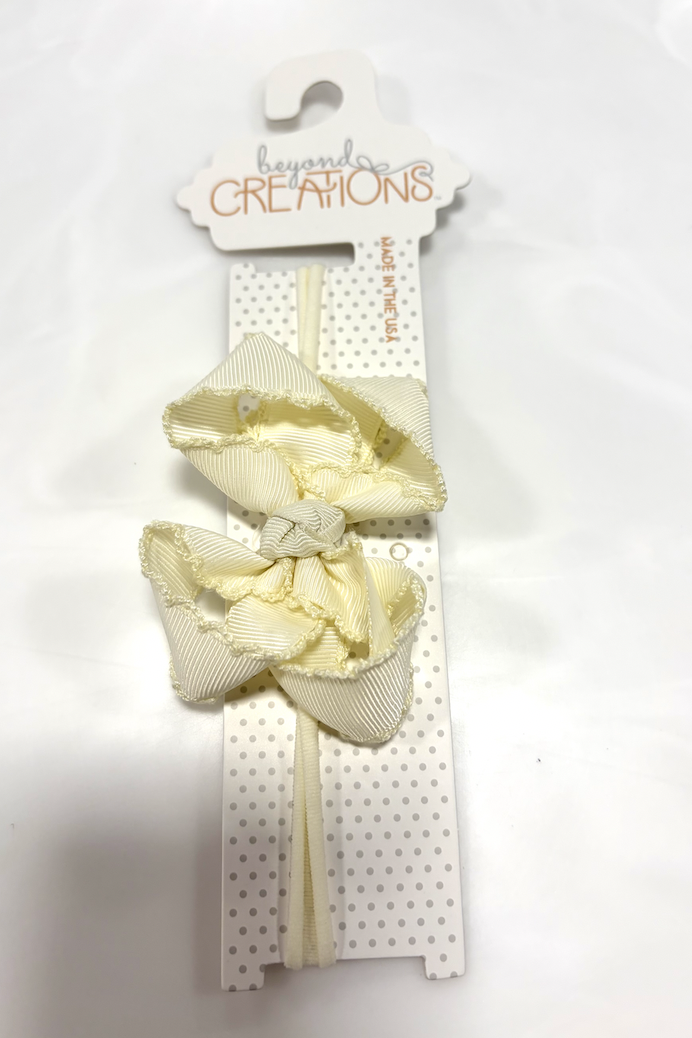 1/4" Pantyhose Headband w/ 3.5" Medium Crochet Edge Bow - Antique White