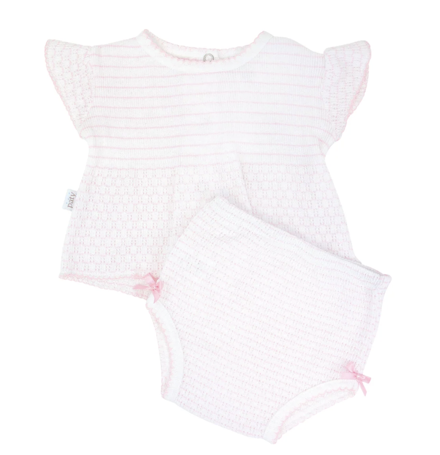 Paty Knit Flutter Sleeve Diaper Set with Bows Pink w/Pink