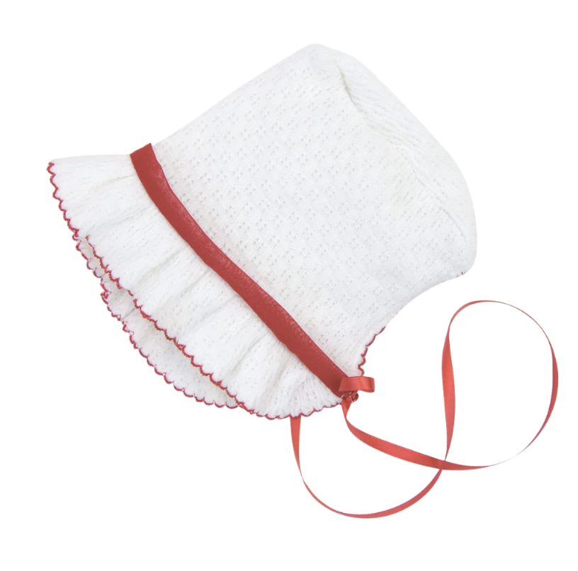 Paty Knit Bonnet with Chiffon Trim- Red