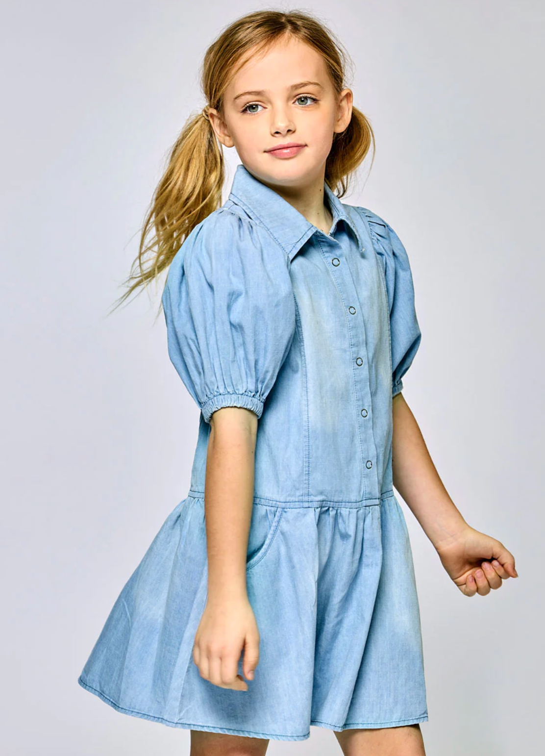Chambray Blue Dress with Balloon Sleeves