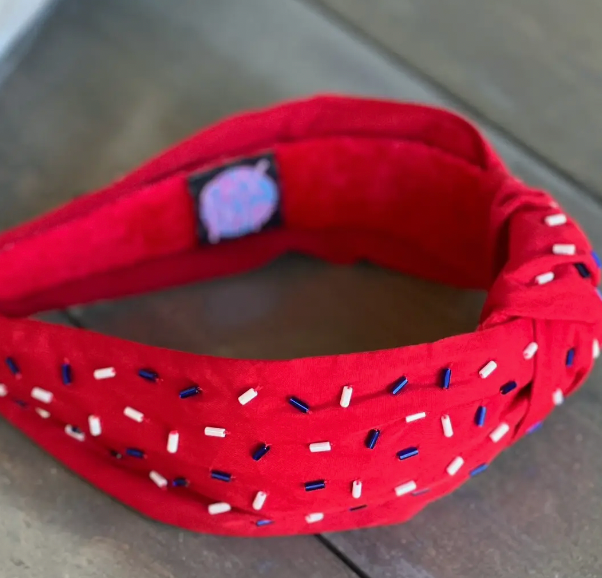 Patriotic confetti red seed bead front knot headband