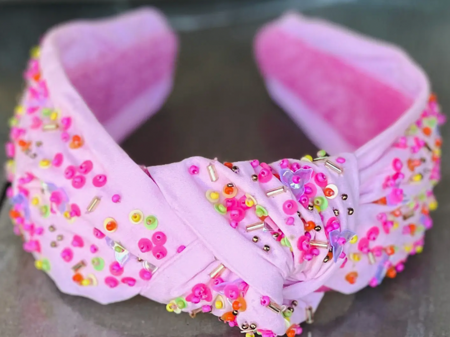 Confetti seed beaded top knot headband