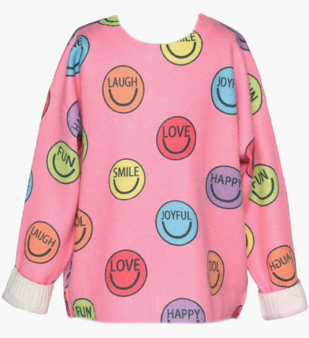 Pink Happy face Print Sweater