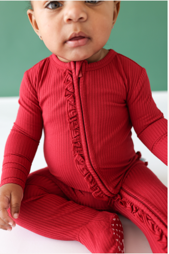 Solid Ribbed Dark Red Ruffle Zipper Footie