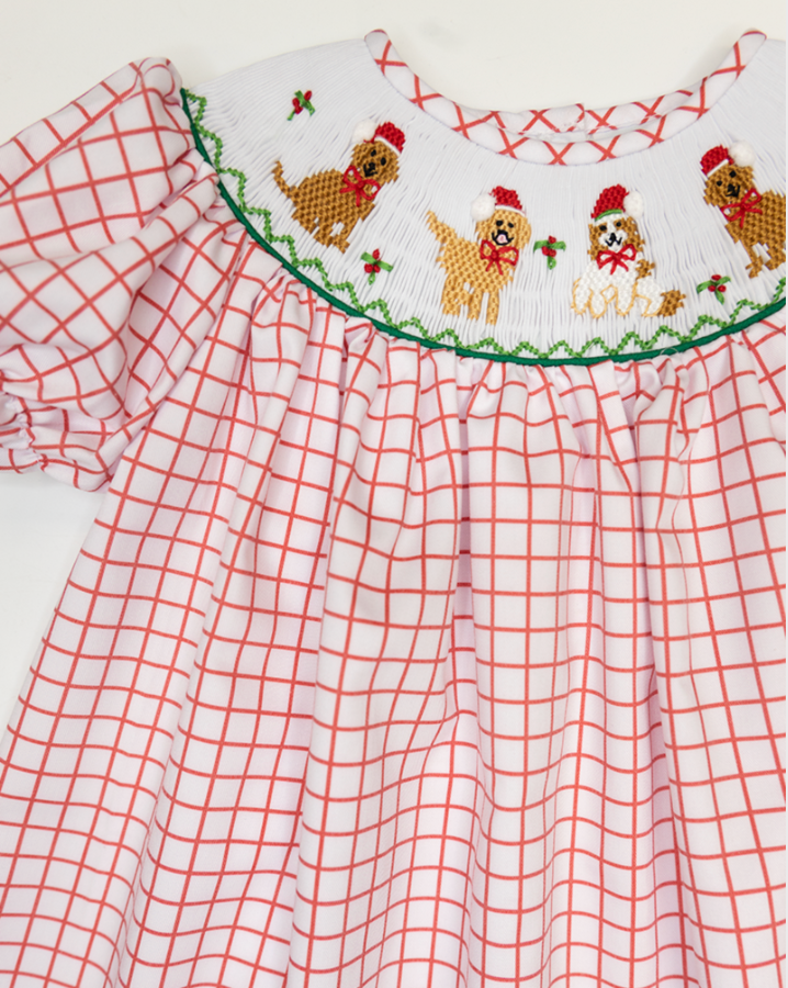 Emma Red Check Christmas Puppy Smock Dress