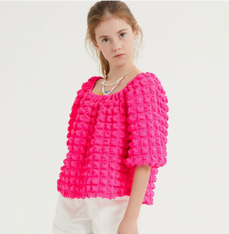 Embossed Bubble Texture Balloon Sleeve Top Hot Pink