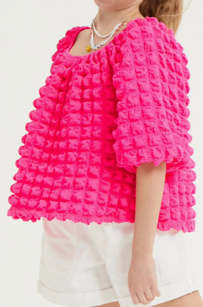Embossed Bubble Texture Balloon Sleeve Top Hot Pink