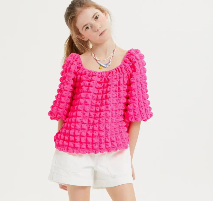 Embossed Bubble Texture Balloon Sleeve Top Hot Pink