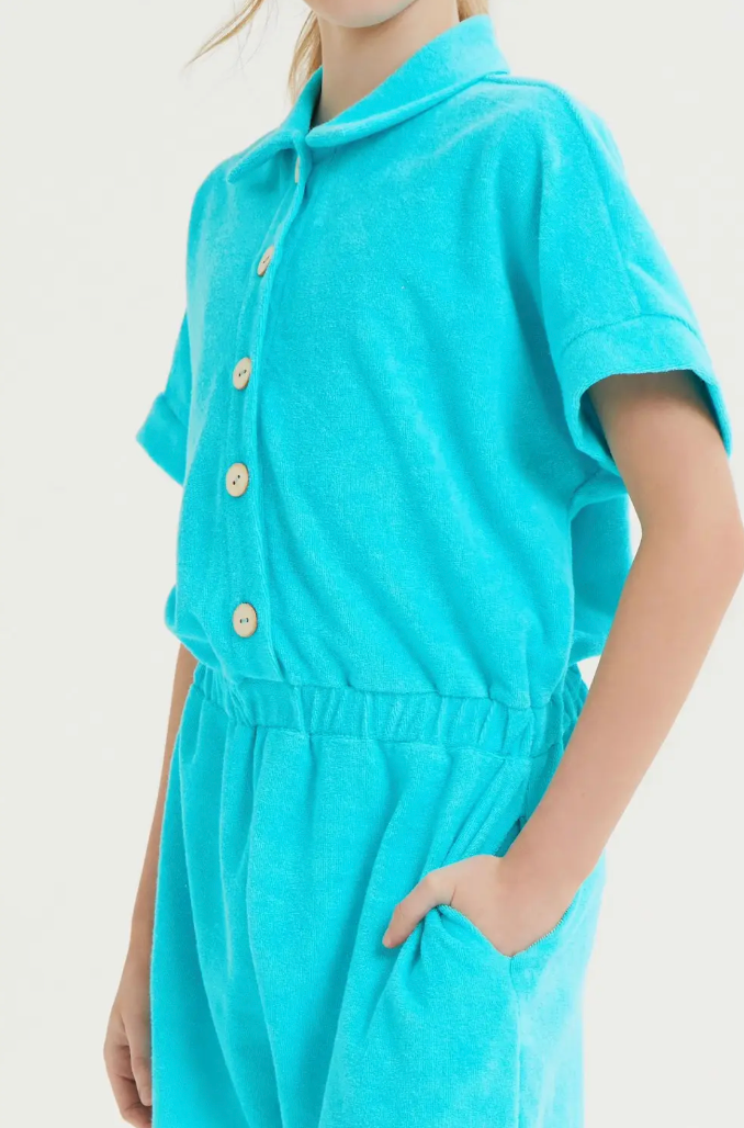 Seafoam Loop terry Collared Button Up Romper
