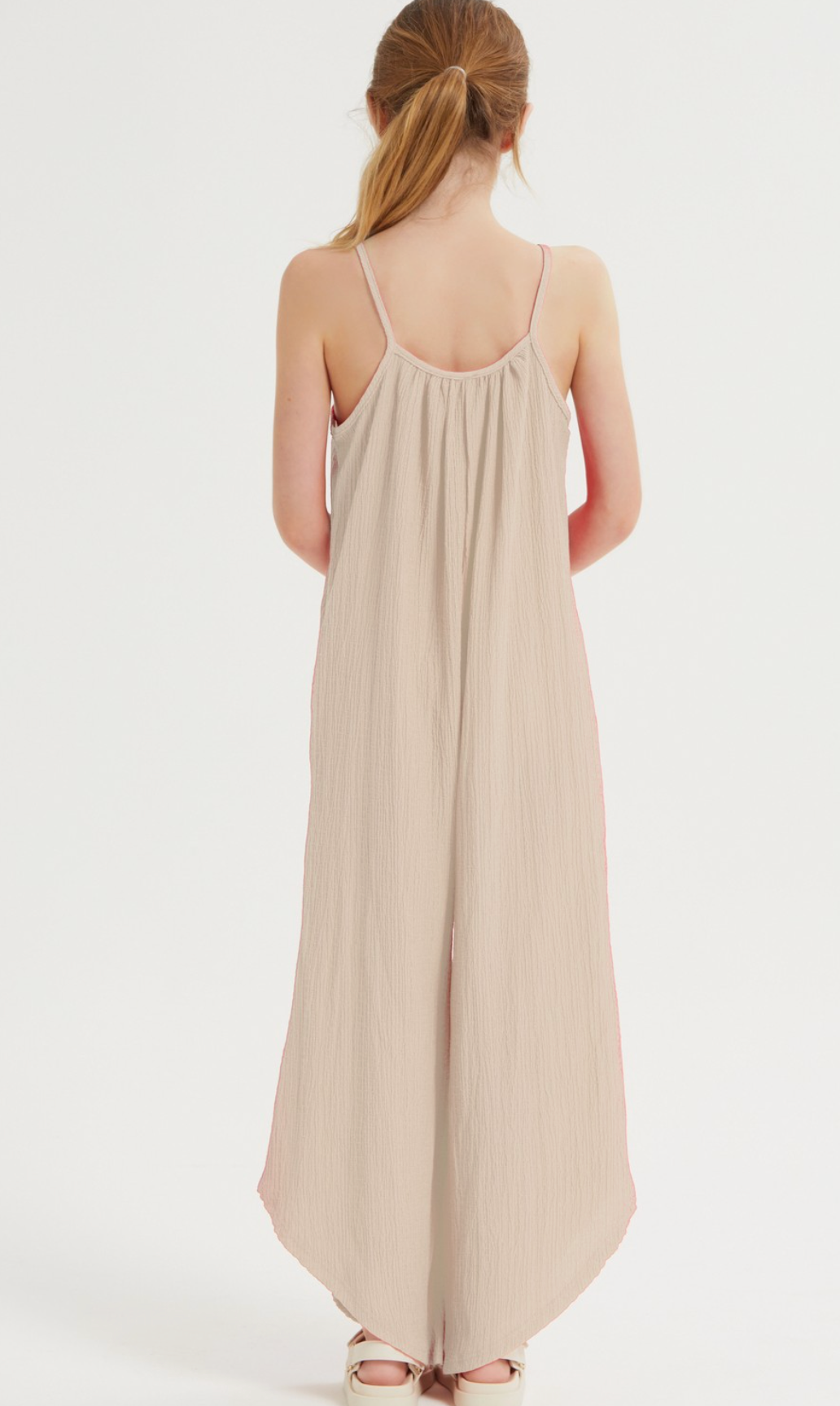 Natural Asymmetrical Hem Wide Crinkled Leg Pant