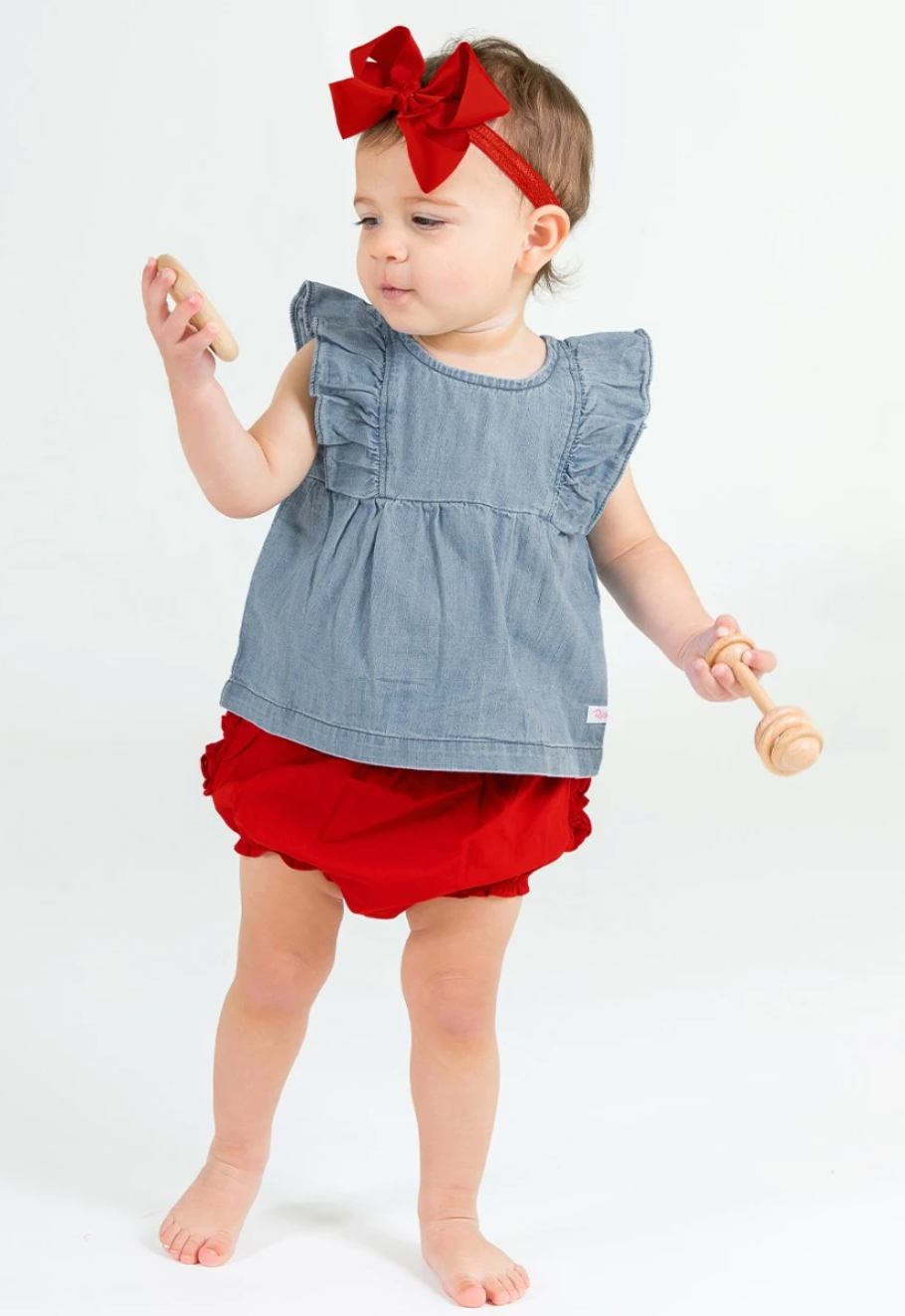 RB Light Wash Denim Ruffle Tank Top