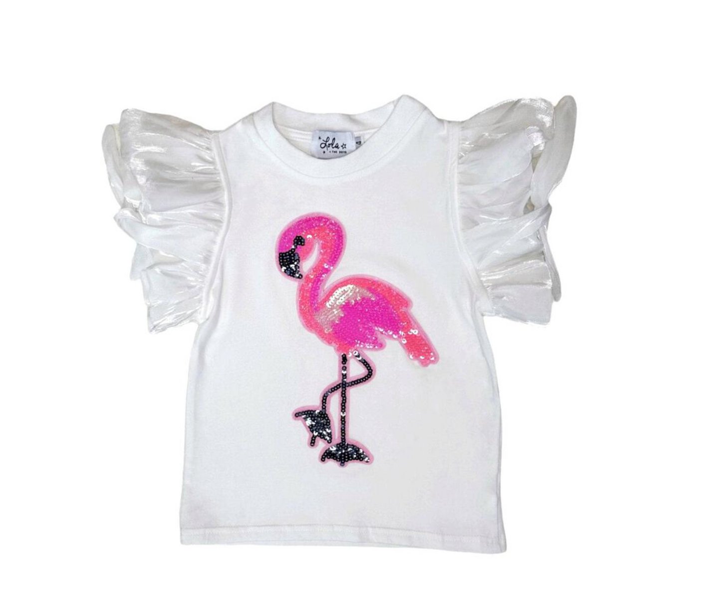 Lola & the Boys Beaded Flamingo Ruffle T-shirt
