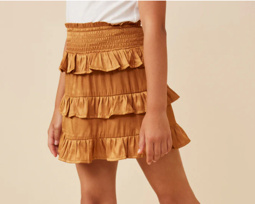 Shimmery Ruffle Tiered Smocked Waist Skirt Camel