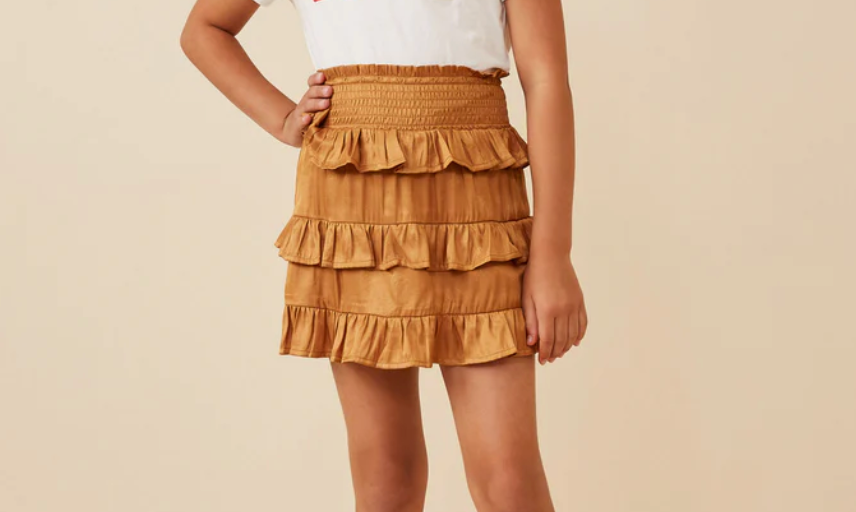 Shimmery Ruffle Tiered Smocked Waist Skirt Camel
