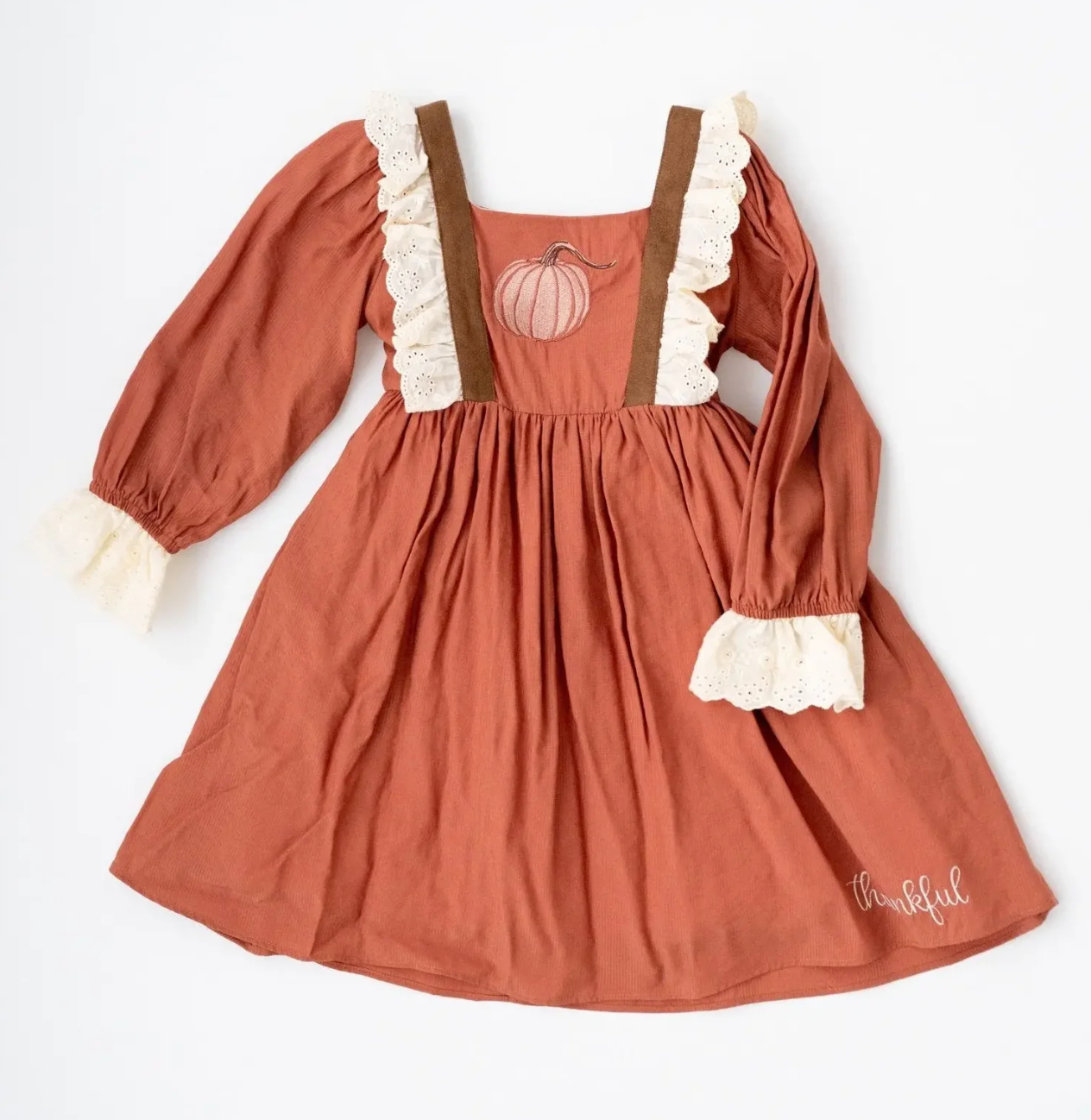 Evie's Closet Pumpkin Patch Rust Chocolate Ivory Emb Dress