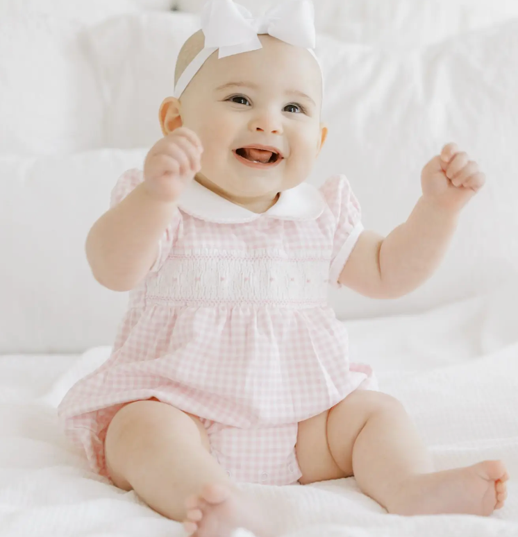 MB Mini Checks Smocked Collared S/S Girl Bubble - Pink