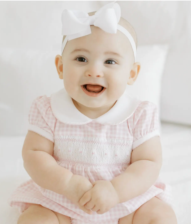 MB Mini Checks Smocked Collared S/S Girl Bubble - Pink