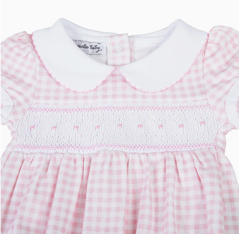 MB Mini Checks Smocked Collared S/S Girl Bubble - Pink