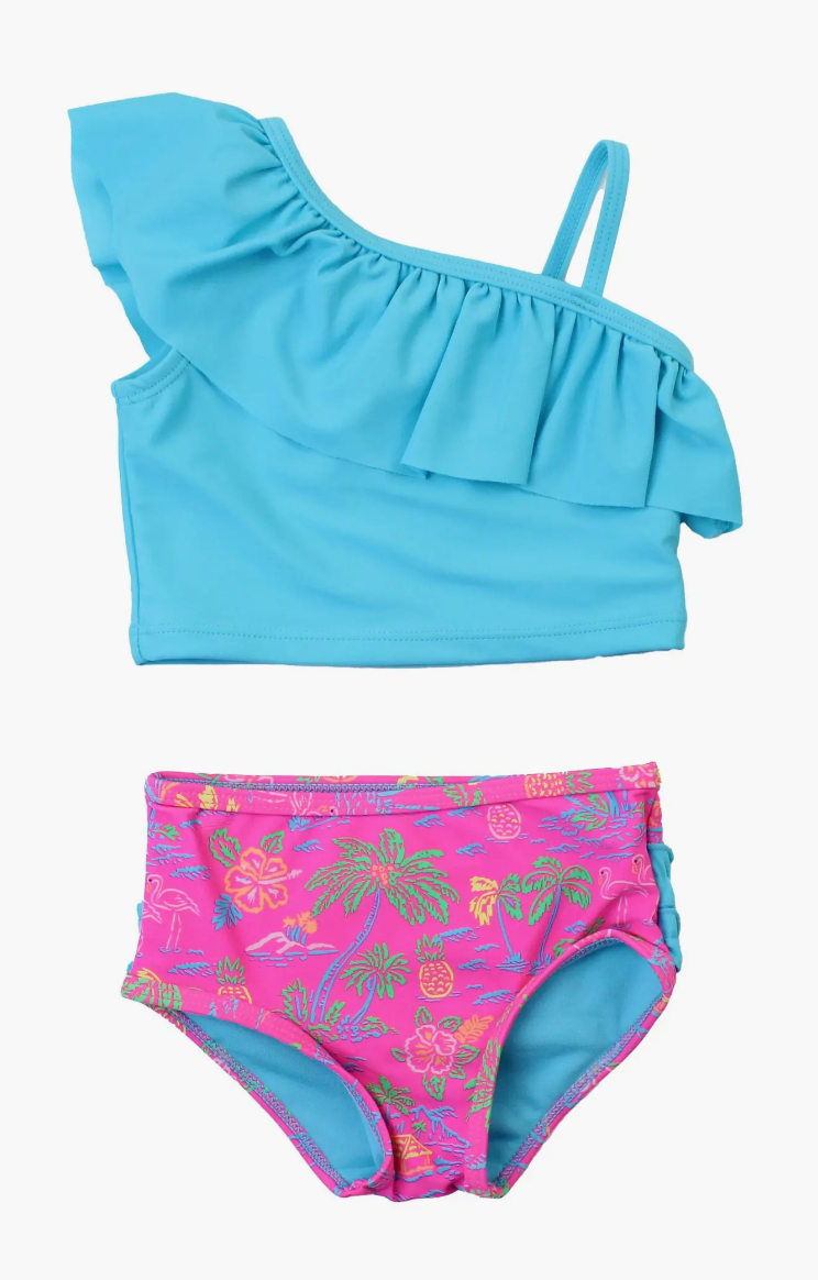 Neon Sunset Island Time One Shoulder Ruffle Tankini
