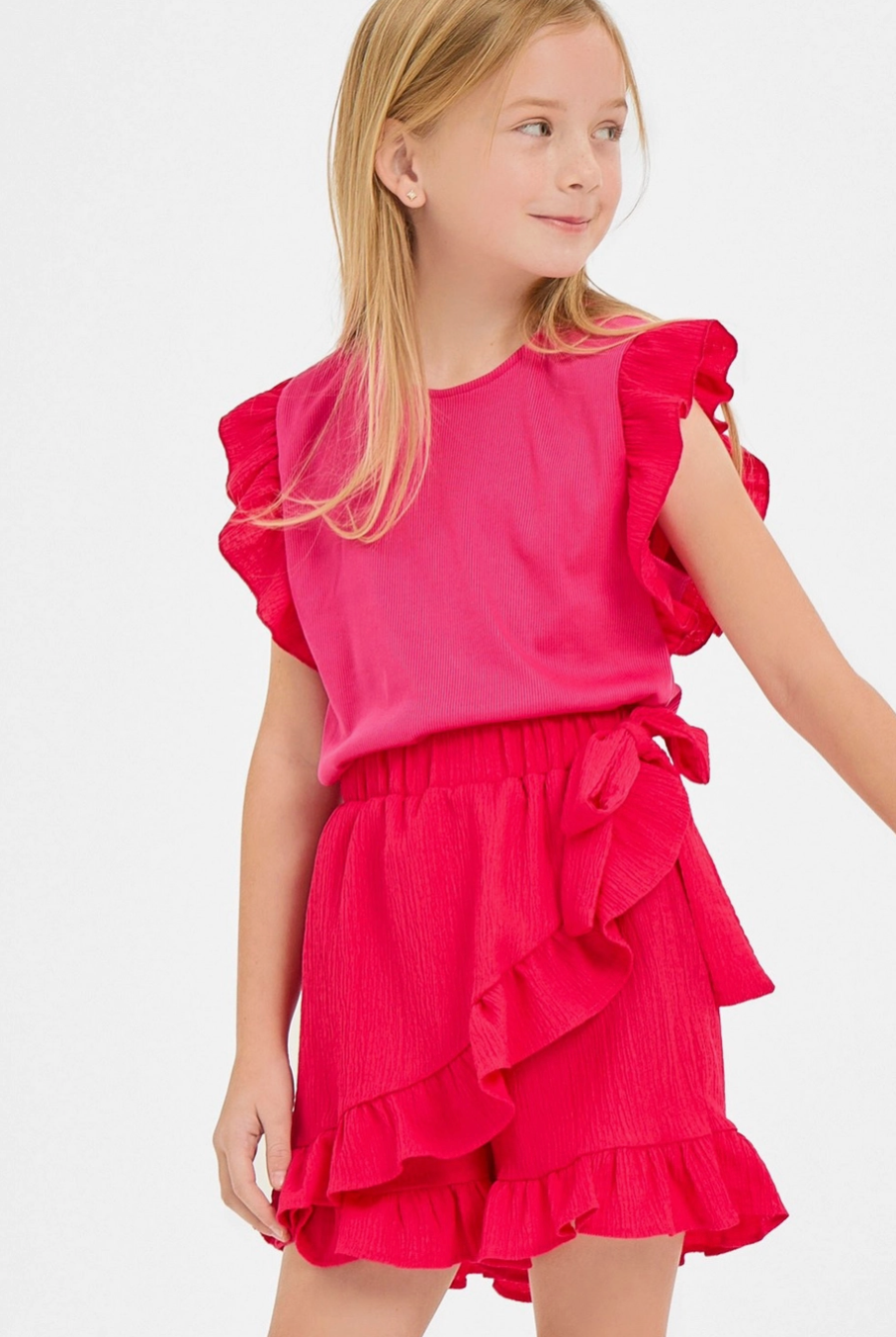 Cherry Pink Ruffle Ribbed Top/Ribbon Tie Ruffle Skort
