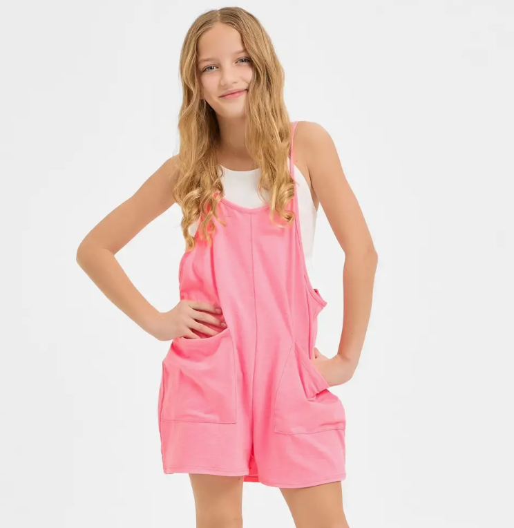 Neon Pink Two Pocket Cotton Overall Romper